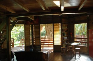 Espace bibliothèque et salon avec vue sur le domaine
