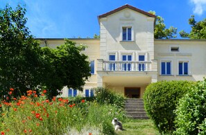 Villa am Trumpf mit Sommerblumen und Katze